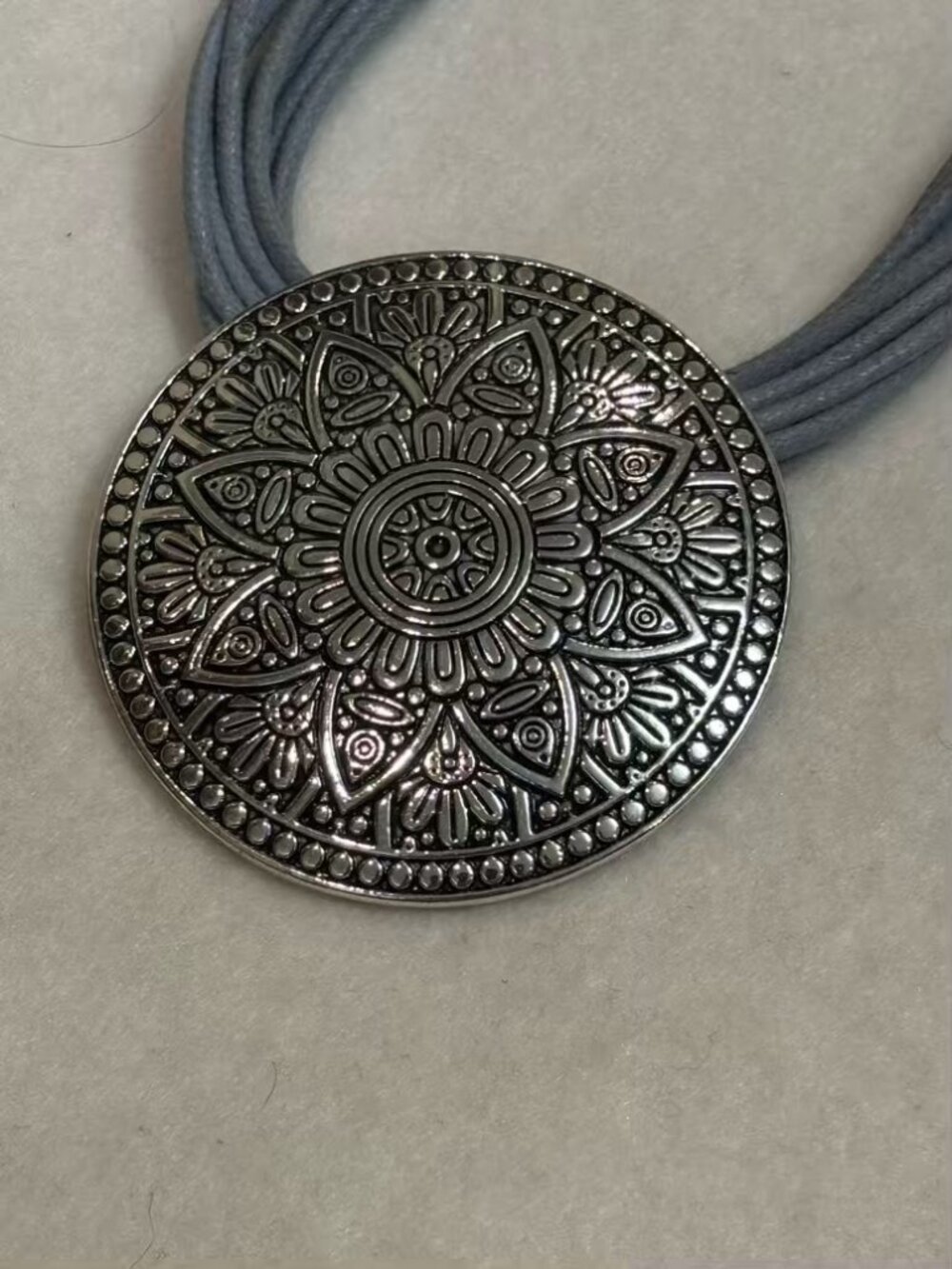 Chico's Gray Multi Strand Cord Silver Medallion Statement Necklace Boho Mandala